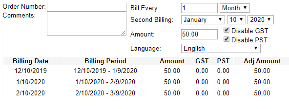 Screenshot showing recurring billing profile with first three billing dates