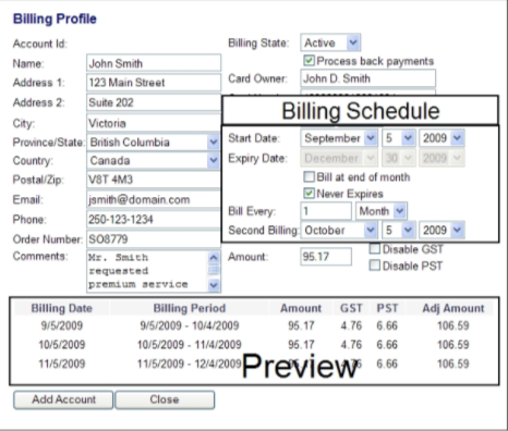 Screenshot of billing profile with billing schedule highlighted