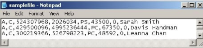 Capture d'écran d'un exemple de fichier ACH avec format de fichier texte avec informations bancaires