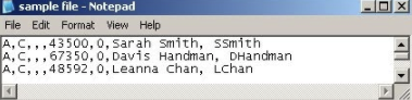 Capture d'écran d'un exemple de fichier ACH avec un format de fichier texte avec code client
