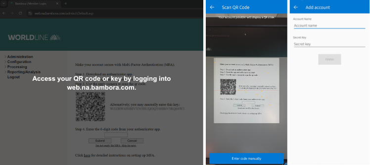 Access your QR code or key by logging into web.na.bambora.com.